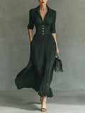 Elegant Pleated Lapel Waisted Long-sleeved Maxi Dress