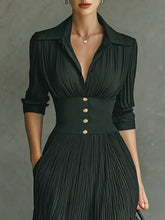 Load image into Gallery viewer, Elegant Pleated Lapel Waisted Long-sleeved Maxi Dress