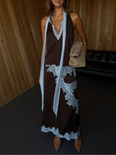 Load image into Gallery viewer, Elegant Brown and Blue Lace Panel Skirt