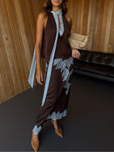 Load image into Gallery viewer, Elegant Brown and Blue Lace Panel Skirt