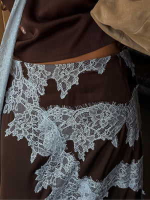 Elegant Brown and Blue Lace Panel Skirt
