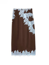 Load image into Gallery viewer, Elegant Brown and Blue Lace Panel Top + Skirt Suit Set