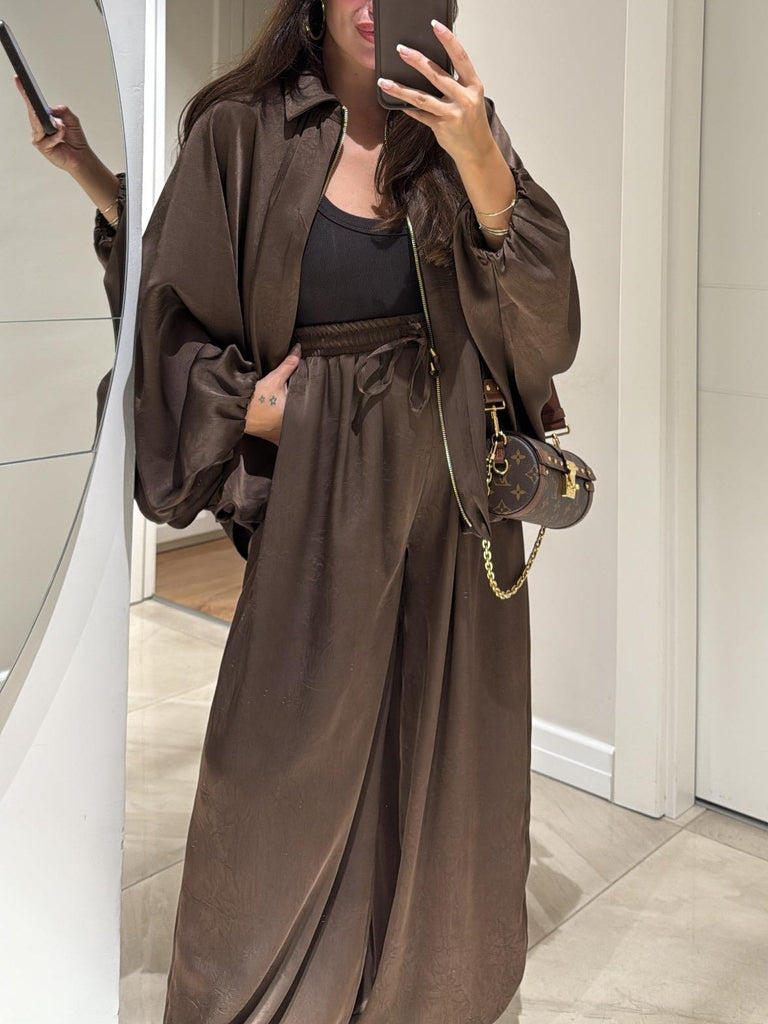 Brown Jacket + Drawstring Pants Casual Two-piece Suit