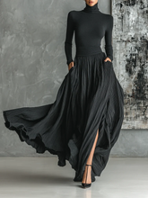 Load image into Gallery viewer, Fashion All Black Skinny Turtleneck T-shirt Pleated Skirt Set
