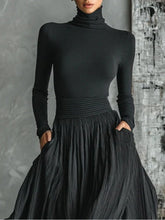 Load image into Gallery viewer, Fashion All Black Skinny Turtleneck T-shirt Pleated Skirt Set