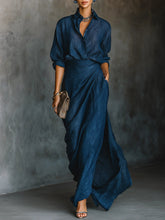 Load image into Gallery viewer, Elegant Dark Blue Cotton And Linen Blend Shirt Long Skirt Set