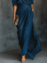 Load image into Gallery viewer, Elegant Dark Blue Cotton And Linen Blend Shirt Long Skirt Set