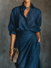 Load image into Gallery viewer, Elegant Dark Blue Cotton And Linen Blend Shirt Long Skirt Set