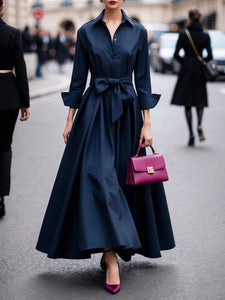 Elegant Long-sleeved Shirt-style Tie Maxi Dress
