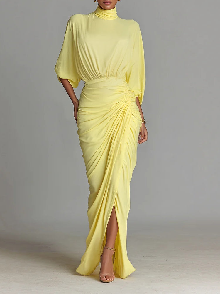 Bright Yellow Drape Comfortable Blended Maxi Dress