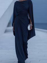 Load image into Gallery viewer, Dark Blue Pleated Cape Draped Maxi Dress