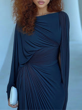 Load image into Gallery viewer, Dark Blue Pleated Cape Draped Maxi Dress