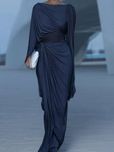 Load image into Gallery viewer, Dark Blue Pleated Cape Draped Maxi Dress