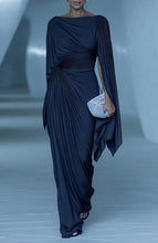 Load image into Gallery viewer, Dark Blue Pleated Cape Draped Maxi Dress