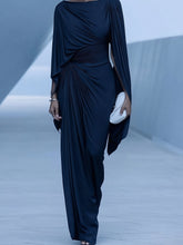 Load image into Gallery viewer, Dark Blue Pleated Cape Draped Maxi Dress