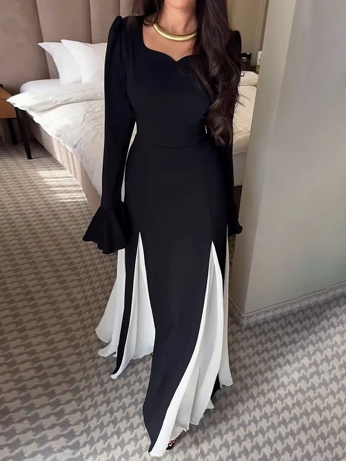 Black And White Flared Long-sleeved Maxi Dress