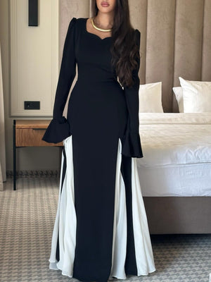 Black And White Flared Long-sleeved Maxi Dress