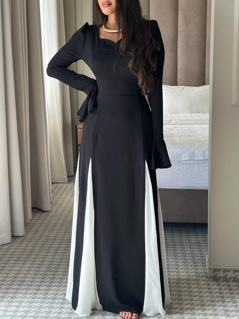 Black And White Flared Long-sleeved Maxi Dress
