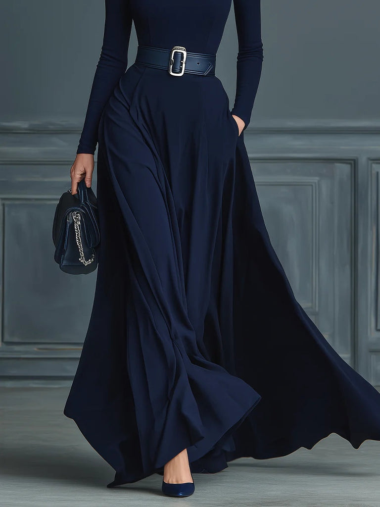 Dark Blue Knitted High-neck Dress