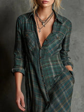 Načíst obrázek do prohlížeče Galerie, Green Plaid Lapel Single-Breasted Shirt Long Dress