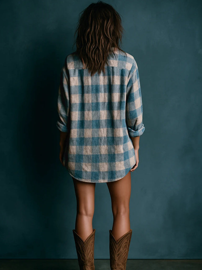 Blue And White Loose Plaid Henley Neck Long Sleeve Mini Dress
