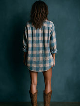 Lataa kuva Galleria-katseluun, Blue And White Loose Plaid Henley Neck Long Sleeve Mini Dress