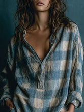 Lataa kuva Galleria-katseluun, Blue And White Loose Plaid Henley Neck Long Sleeve Mini Dress