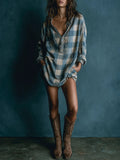 Blue And White Loose Plaid Henley Neck Long Sleeve Mini Dress