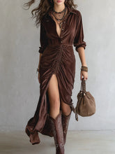 Load image into Gallery viewer, Vintage Button-stitched Pleated Velvet Midi Dress