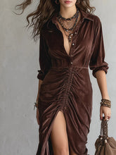 Load image into Gallery viewer, Vintage Button-stitched Pleated Velvet Midi Dress