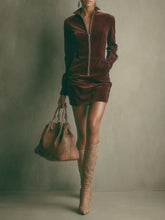 Indlæs billede til gallerivisning Brown Faux Suede Stand Collar Zipper Mini Dress
