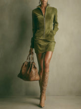 Indlæs billede til gallerivisning Brown Faux Suede Stand Collar Zipper Mini Dress