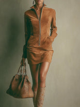 Indlæs billede til gallerivisning Brown Faux Suede Stand Collar Zipper Mini Dress