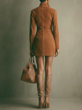 Indlæs billede til gallerivisning Brown Faux Suede Stand Collar Zipper Mini Dress