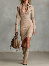 Load image into Gallery viewer, Beige Slim Suede Neck Floral Lapel Midi Dress