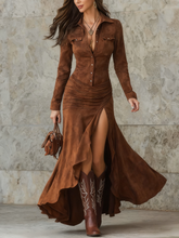 Indlæs billede til gallerivisning Retro Brown Irregular Ruffle Lapel Long Dress