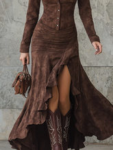 Indlæs billede til gallerivisning Retro Brown Irregular Ruffle Lapel Long Dress