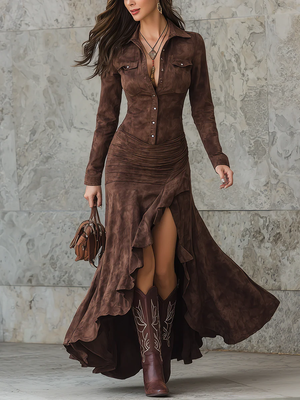 Retro Brown Irregular Ruffle Lapel Long Dress