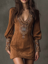 Load image into Gallery viewer, Vintage Brown V-Neck Suede Embroidered Mini Dress