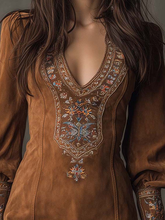 Load image into Gallery viewer, Vintage Brown V-Neck Suede Embroidered Mini Dress