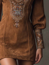 Load image into Gallery viewer, Vintage Brown V-Neck Suede Embroidered Mini Dress