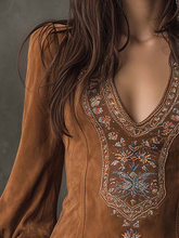 Load image into Gallery viewer, Vintage Brown V-Neck Suede Embroidered Mini Dress