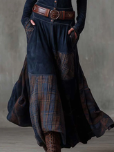 Load image into Gallery viewer, Navy Plaid Paneled Vintage Suede Maxi Dress(with belt)