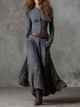 Load image into Gallery viewer, Navy Plaid Paneled Vintage Suede Maxi Dress(with belt)