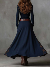 Load image into Gallery viewer, Navy Plaid Paneled Vintage Suede Maxi Dress(with belt)