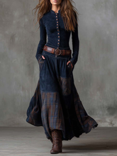 Load image into Gallery viewer, Navy Plaid Paneled Vintage Suede Maxi Dress(with belt)