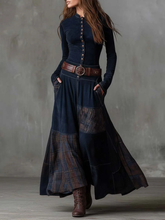 Load image into Gallery viewer, Navy Plaid Paneled Vintage Suede Maxi Dress(with belt)