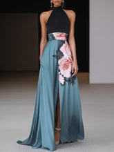 Load image into Gallery viewer, Black Slit Floral Classic Crew Neck Sleeveless A-Line Maxi Dress