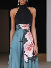 Load image into Gallery viewer, Black Slit Floral Classic Crew Neck Sleeveless A-Line Maxi Dress