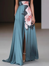 Load image into Gallery viewer, Black Slit Floral Classic Crew Neck Sleeveless A-Line Maxi Dress